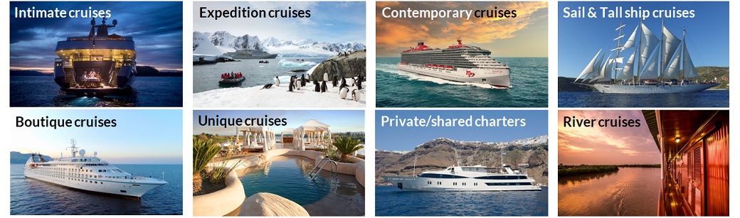 Cruise holidays by type - Intimate, Luxury, Boutique, Charter, Small Ship, Big ship, Sail and Tall Ships, River cruise, Lifestyle and Party cruises